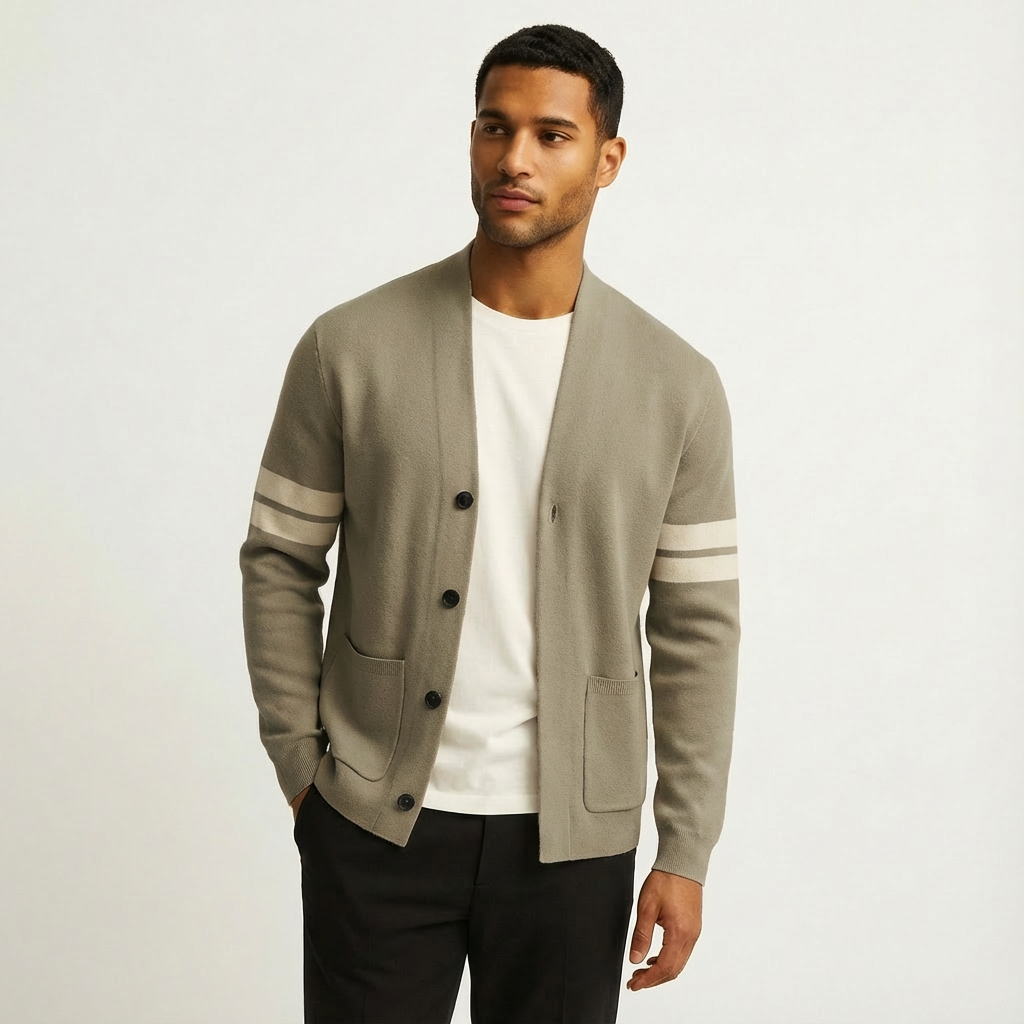 Klassieke Merino Heren Cardigan met Gestreepte Mouwen