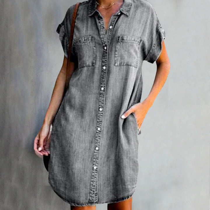 Hannah - Jurk in denimlook met korte mouwen