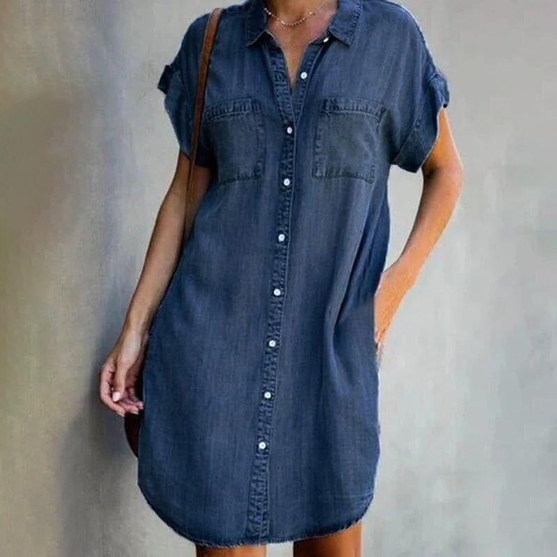 Hannah - Jurk in denimlook met korte mouwen