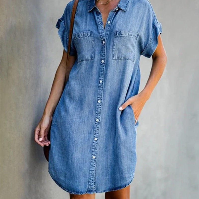 Hannah - Jurk in denimlook met korte mouwen