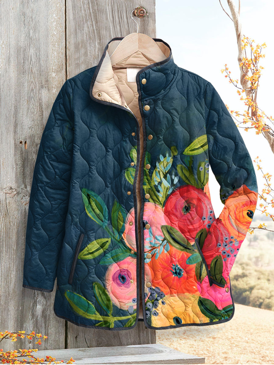 Dames Retro Bloemen Kunst Gedrukte Gewatteerde Jas