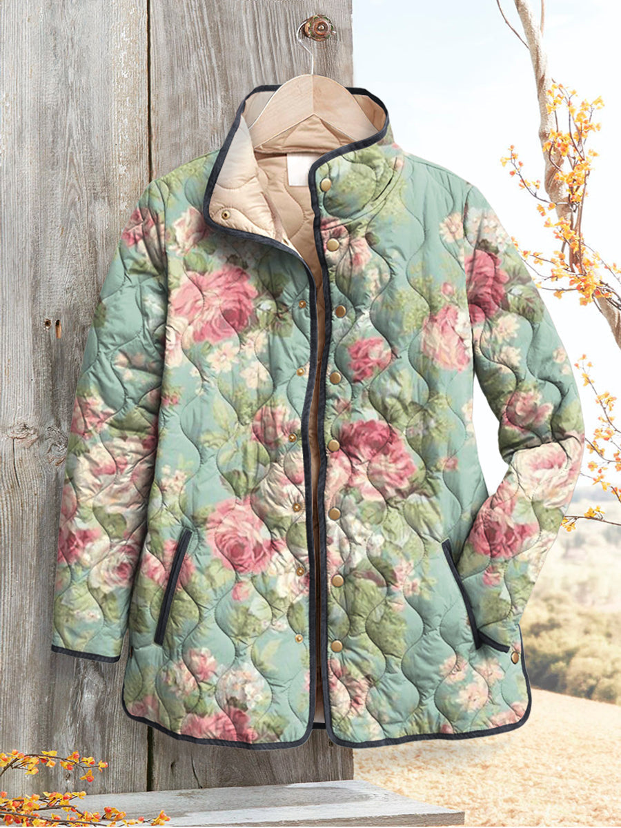 Dames Gewatteerde Jas met Retro Bloemenpatroon