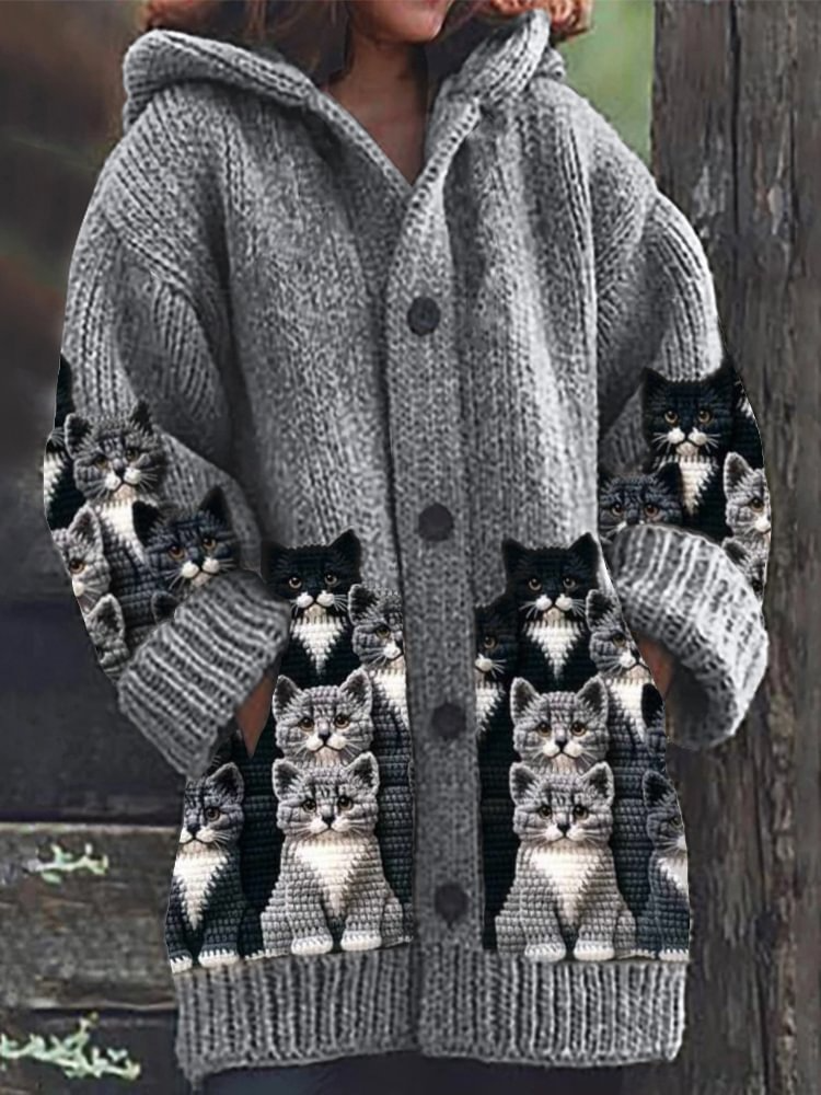 Jasmin - Gezellige Gebreide Kattenprint Cardigan