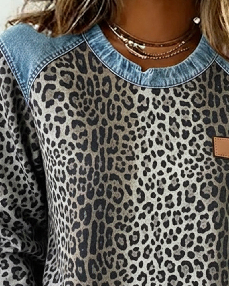 Dames Sweatshirt met Luipaardprint en Denim Patchwork
