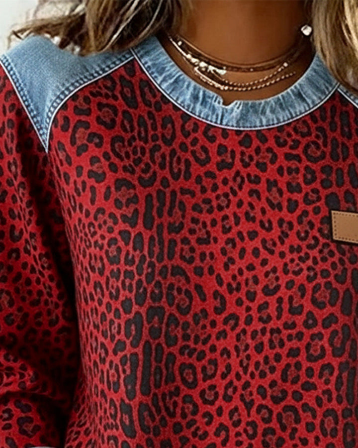 Dames Sweatshirt met Luipaardprint en Denim Patchwork