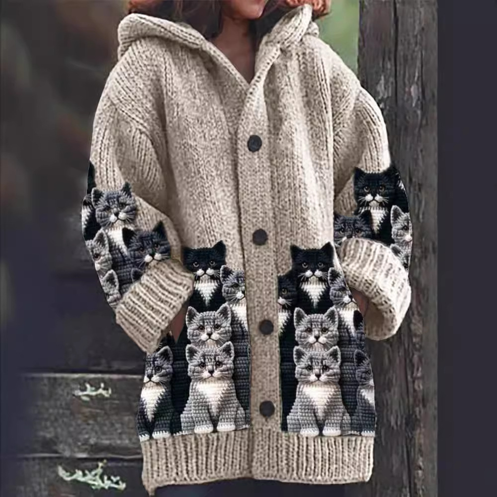 Jasmin - Gezellige Gebreide Kattenprint Cardigan