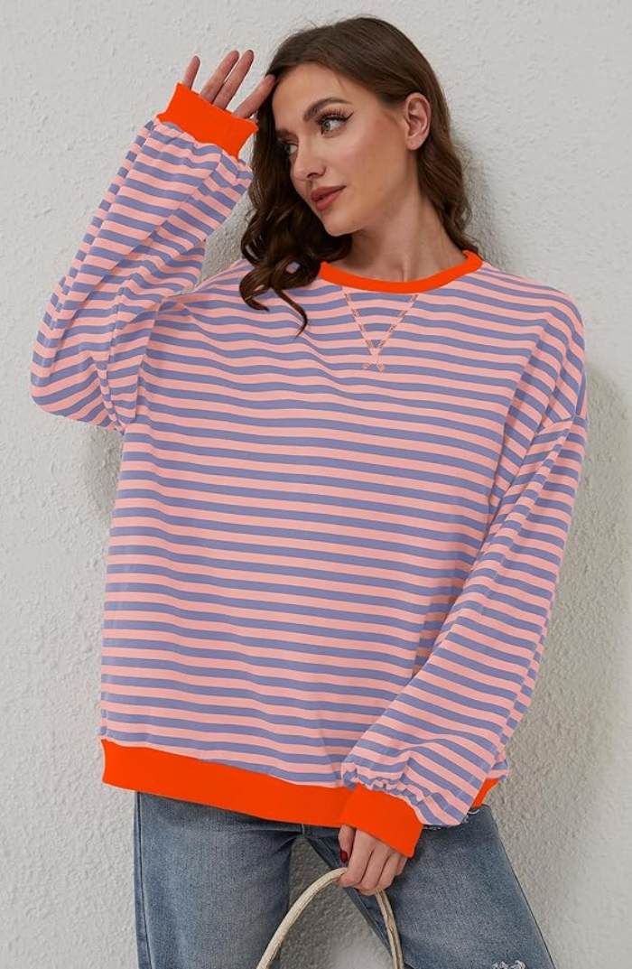 Dames Oversized Gestreepte Crew Neck Sweatshirt