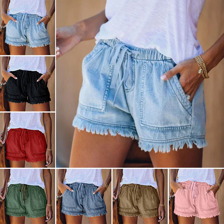 Dames Denim Short Met Trekkoord En Raffelzoom