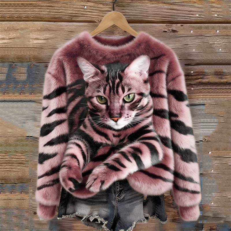 Gezellig Pluche Sweatshirt met een Tijger- en Tabby-Kitten-Design