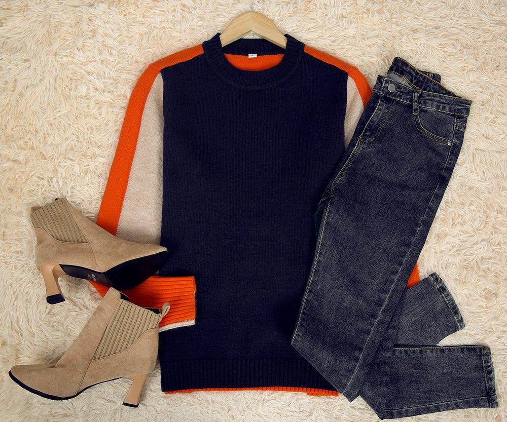 Dames Color Block Gebreide Trui met Contrast Mouwen