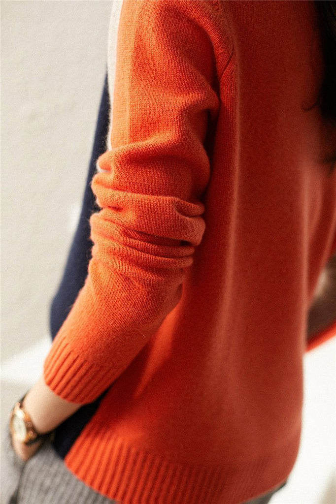 Dames Color Block Gebreide Trui met Contrast Mouwen