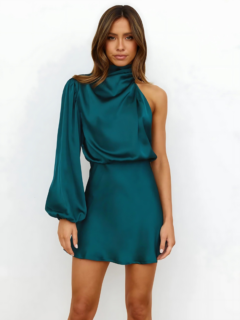 Ayleen - One shoulder jurk asymmetrisch luxe satijnlook getailleerd