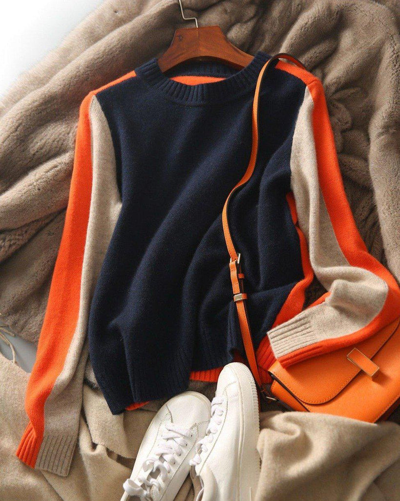 Dames Color Block Gebreide Trui met Contrast Mouwen