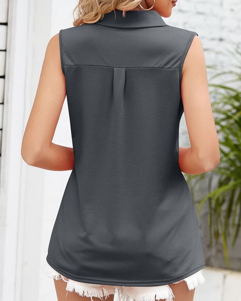 Lichtgewicht Mouwloze Blouse Voor Dames Met Kraag En V Hals