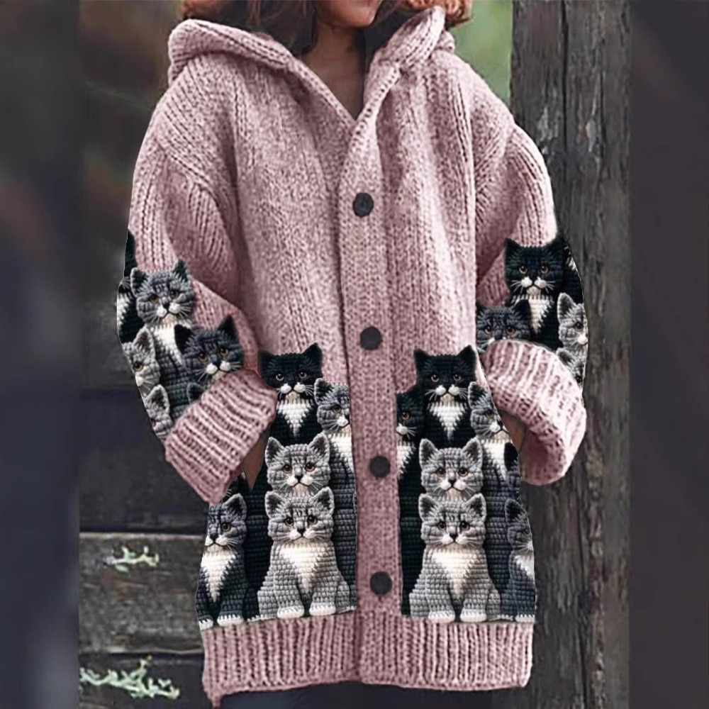 Jasmin - Gezellige Gebreide Kattenprint Cardigan