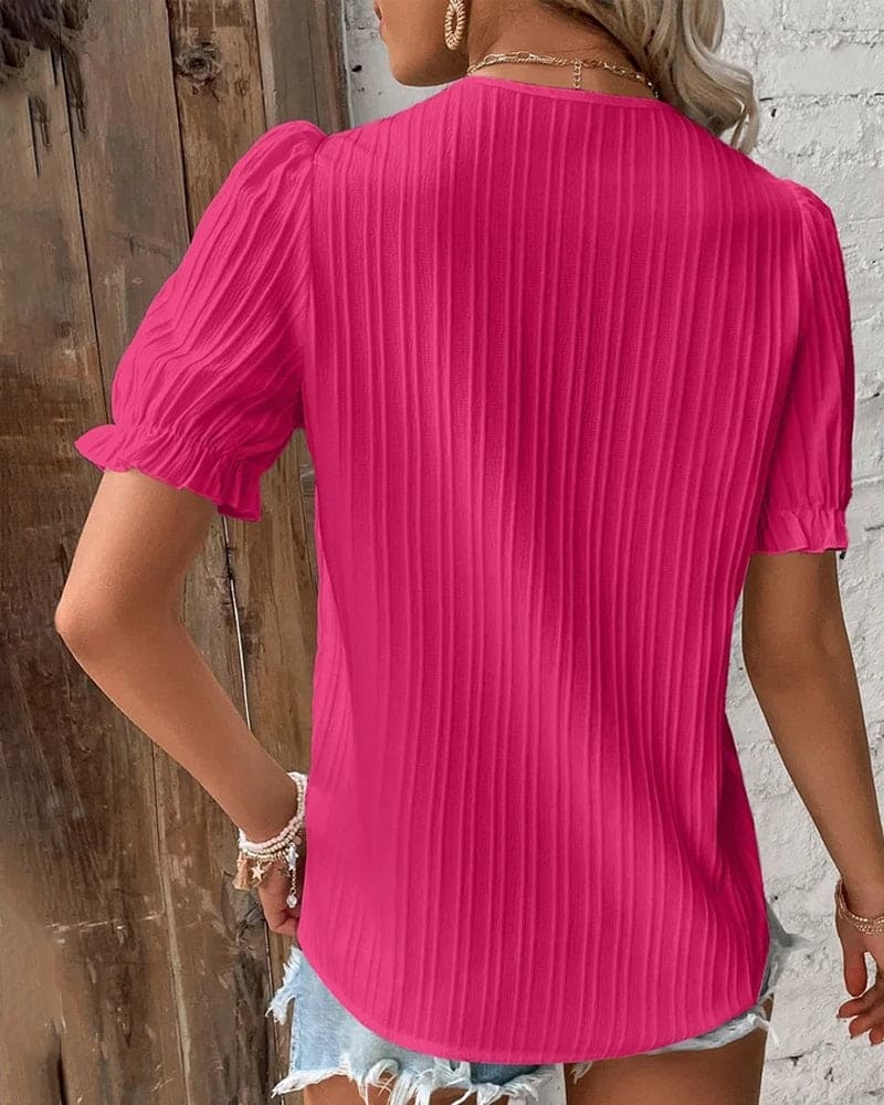 Elegante Geplooide Dames Blouse Met Kant En Korte Mouwen