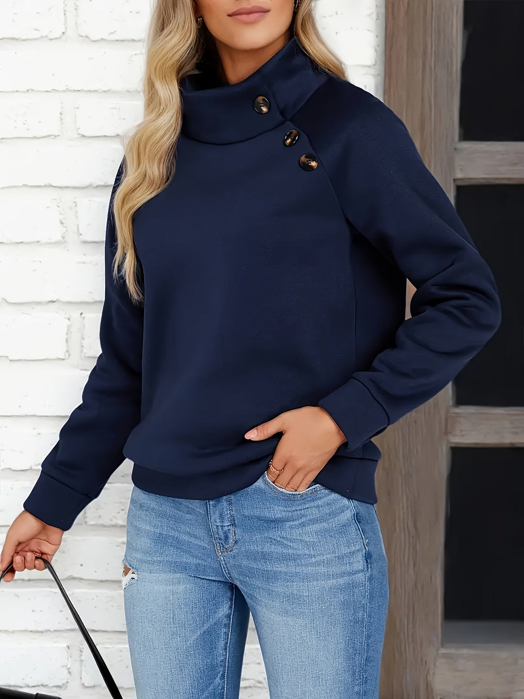 Kirsten | Button-Accent Staande Kraag Sweatshirt