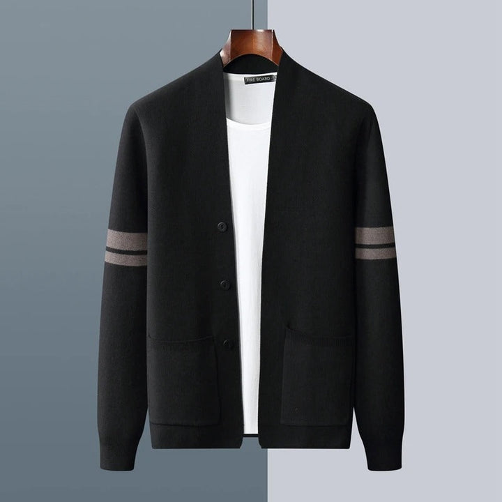 Klassieke Merino Heren Cardigan met Gestreepte Mouwen