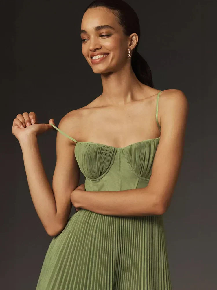 Cleo - Plissé Dames Midi Jurk Met Kant Details