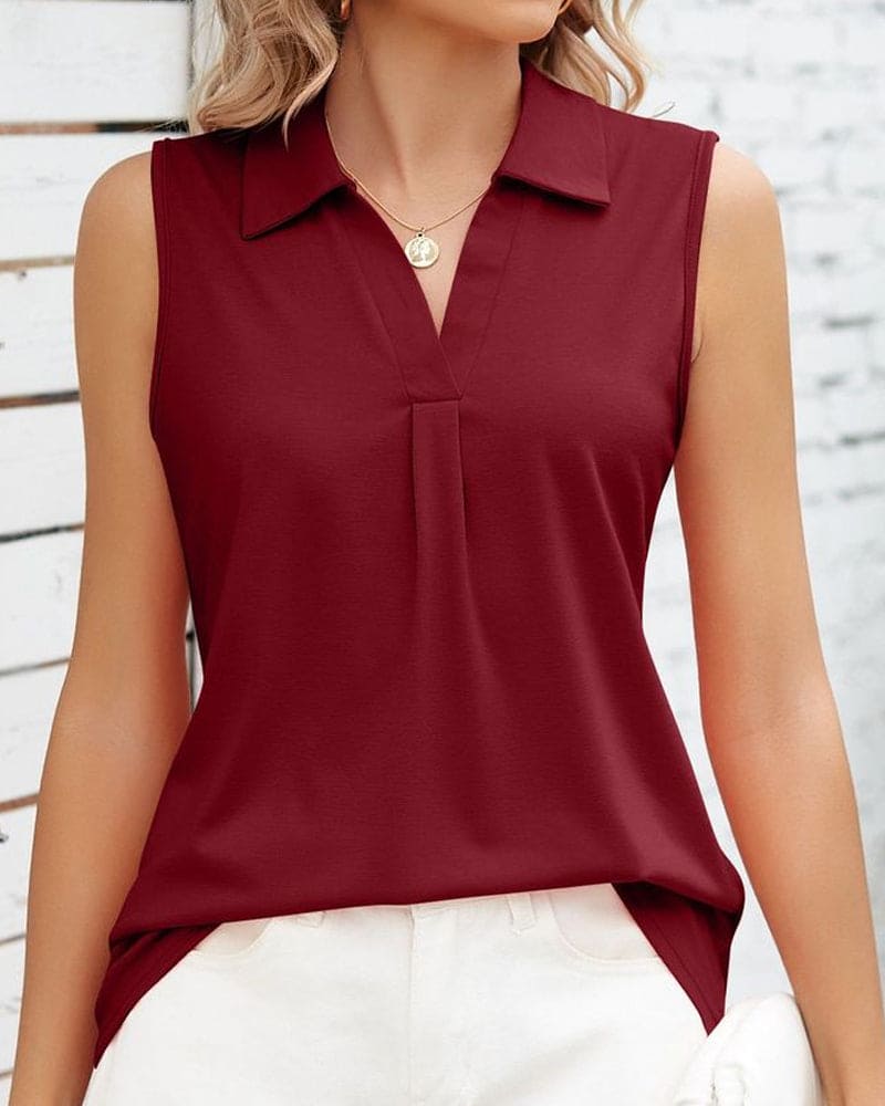 Lichtgewicht Mouwloze Blouse Voor Dames Met Kraag En V Hals