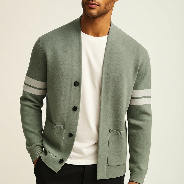 Klassieke Merino Heren Cardigan met Gestreepte Mouwen