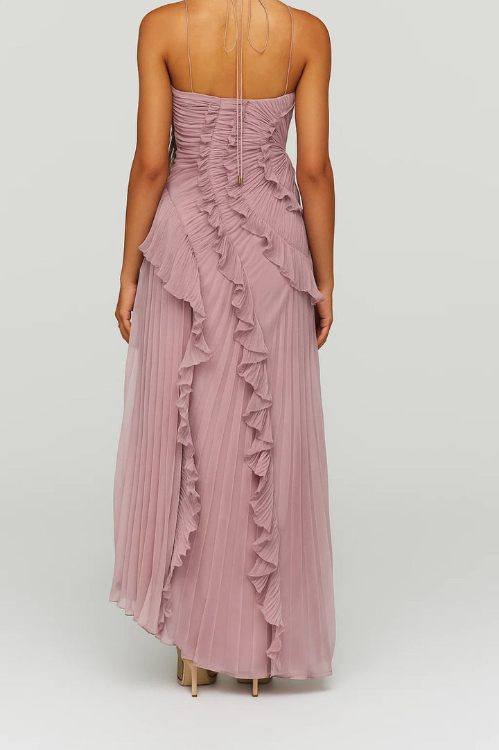Maxi Jurk Dames - Halter Plissé met Ruches en Split | Elegant