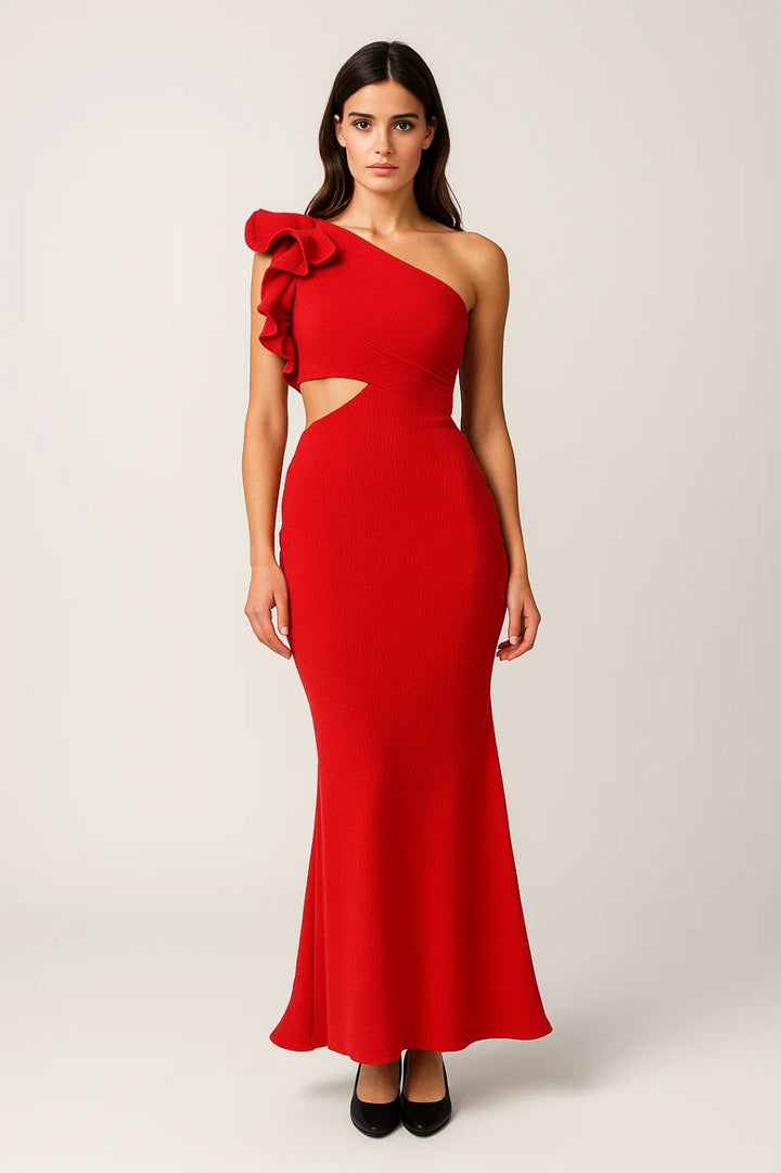 Midi Jurk Dames - One Shoulder met Ruches en Cut-out | Feest
