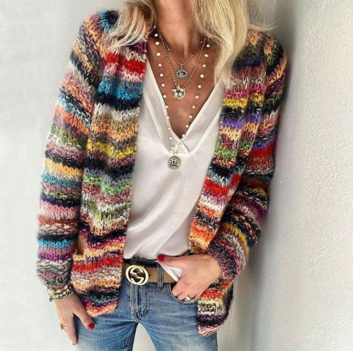 Dames Multicolor Gestreepte Open Voorzijde Brei Cardigan