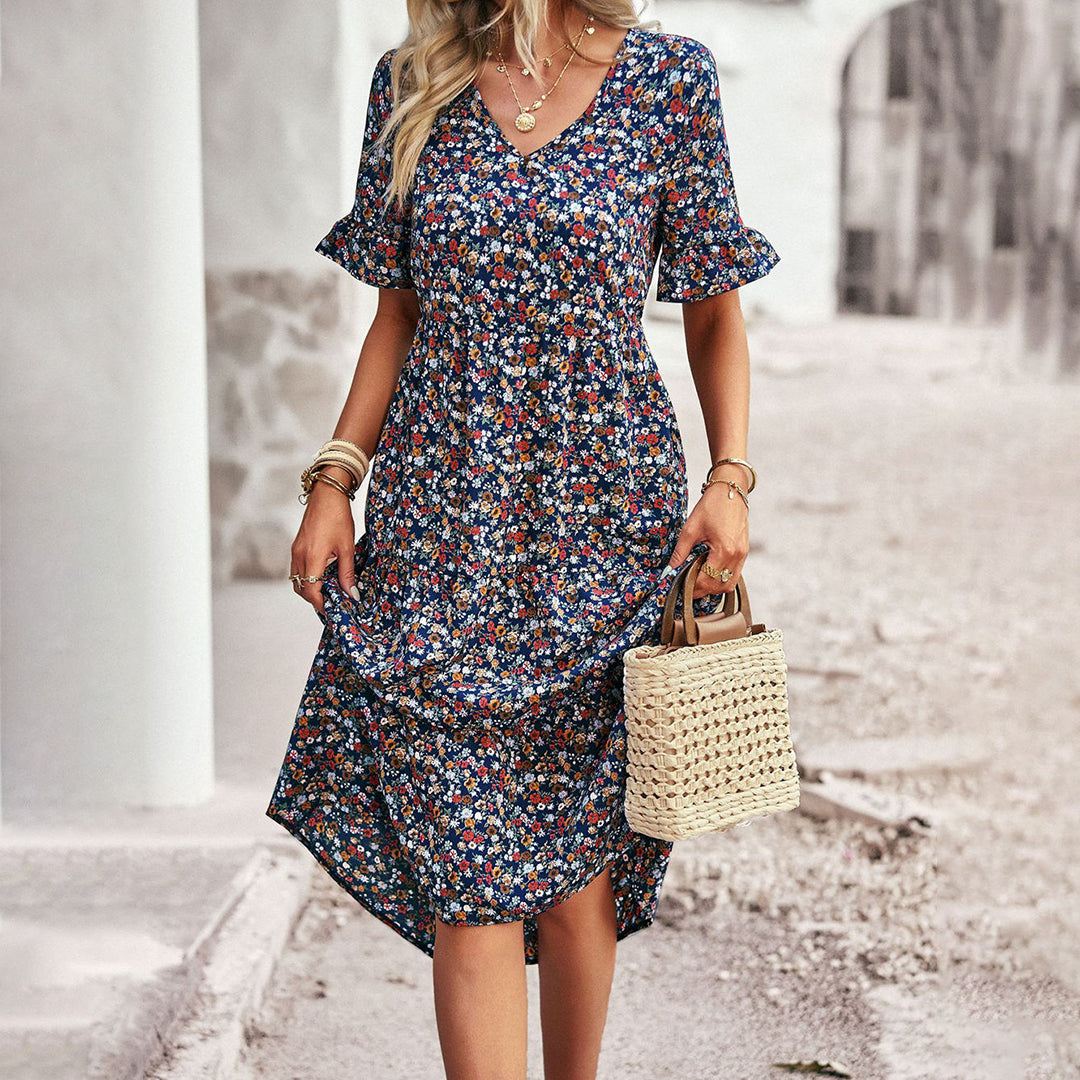 Bohemian Bloemenprint Midi Zomerjurk met Korte Mouwen voor Dames