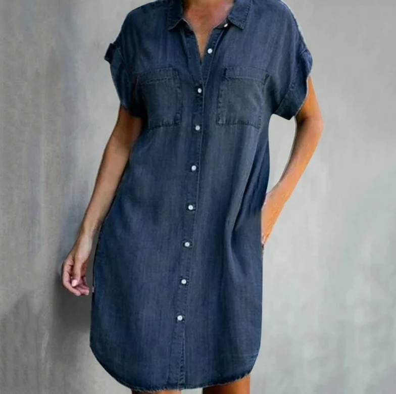 Hannah - Jurk in denimlook met korte mouwen