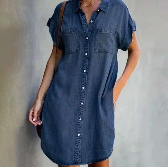 Hannah - Jurk in denimlook met korte mouwen