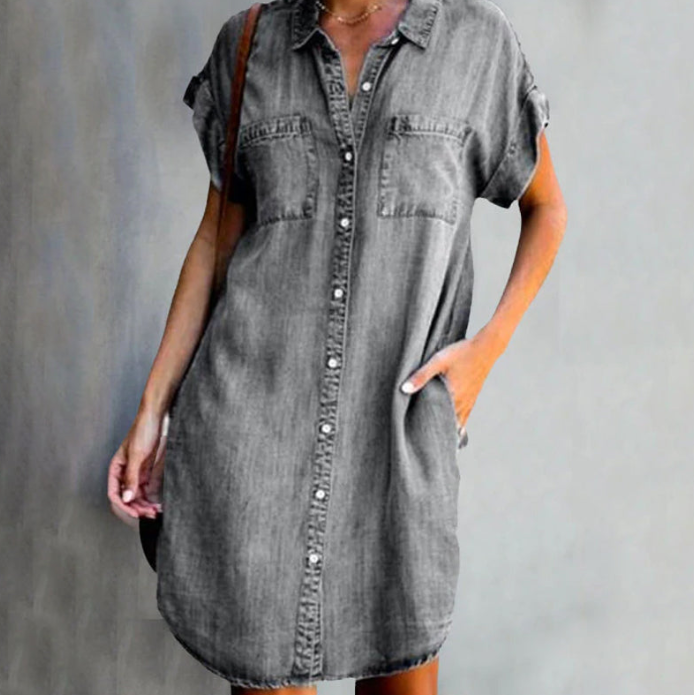 Hannah - Jurk in denimlook met korte mouwen
