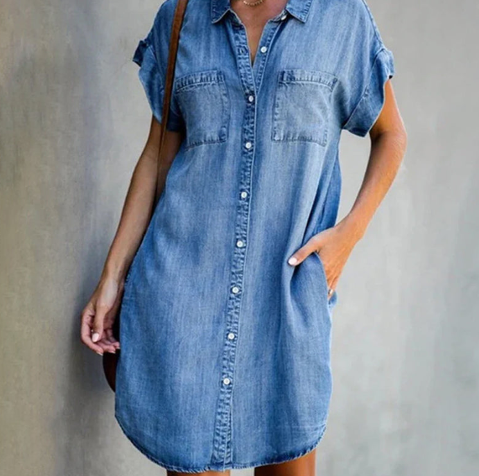 Hannah - Jurk in denimlook met korte mouwen