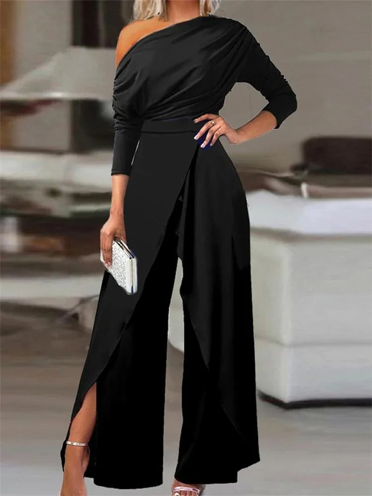 Elegante One Shoulder Jumpsuit Voor Dames Met Wijde Pijpen En Split
