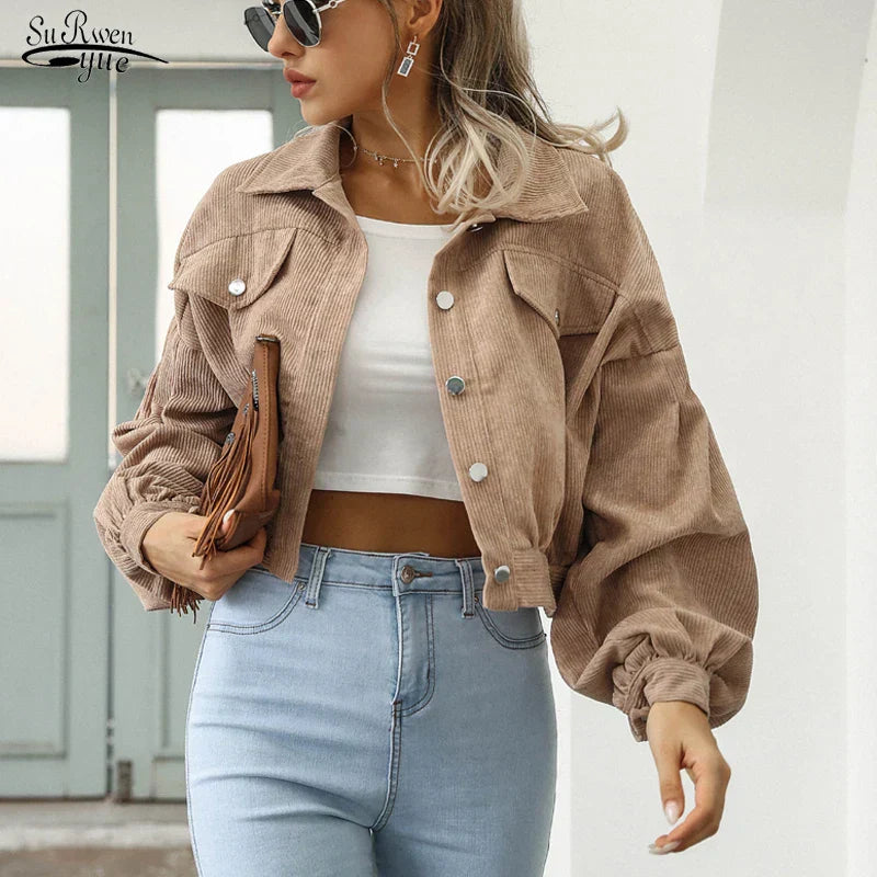Cropped Corduroy Bomberjack Voor Dames Met Lantern Mouwen