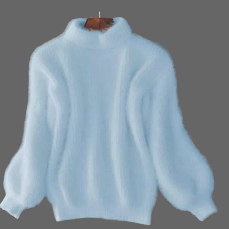 Dames Fuzzy Mock Neck Lantern Sleeve Gebreide Trui