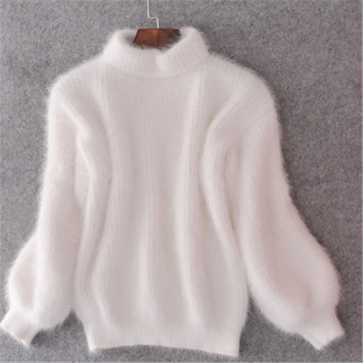Dames Fuzzy Mock Neck Lantern Sleeve Gebreide Trui