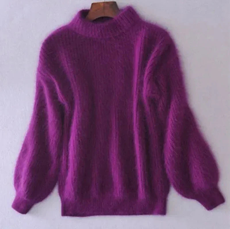 Dames Fuzzy Mock Neck Lantern Sleeve Gebreide Trui