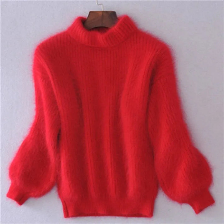 Dames Fuzzy Mock Neck Lantern Sleeve Gebreide Trui