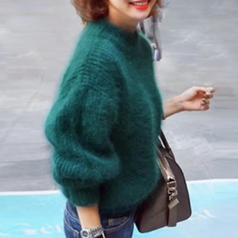 Dames Fuzzy Mock Neck Lantern Sleeve Gebreide Trui