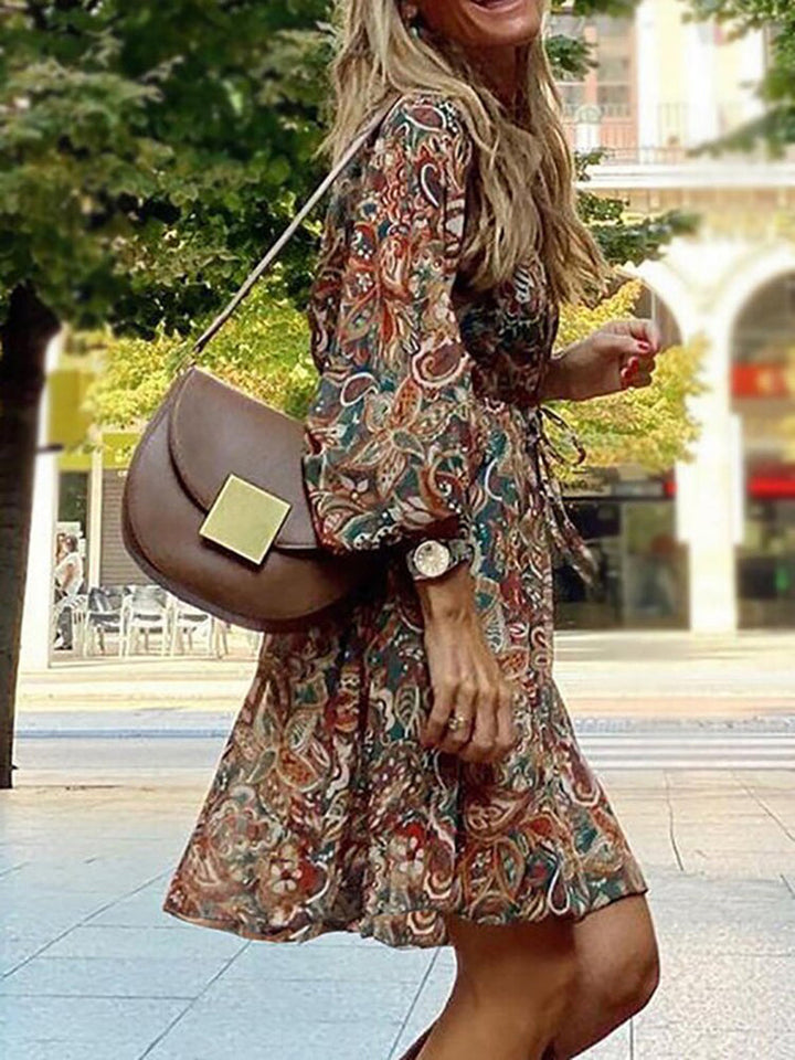 Zomerse Dames Boho Mini Jurk Met Lange Mouwen En Print