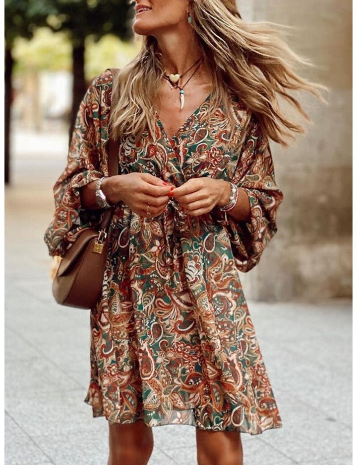 Zomerse Dames Boho Mini Jurk Met Lange Mouwen En Print