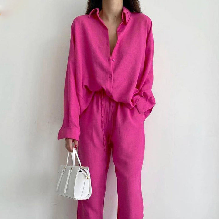 Dominique - Linnen set met blouse en wijde pijpen