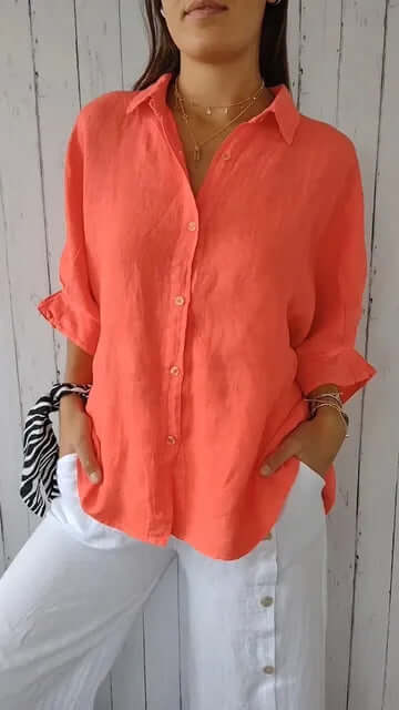 Dames Linnen Blouse Met Lange Mouwen En Losse Pasvorm