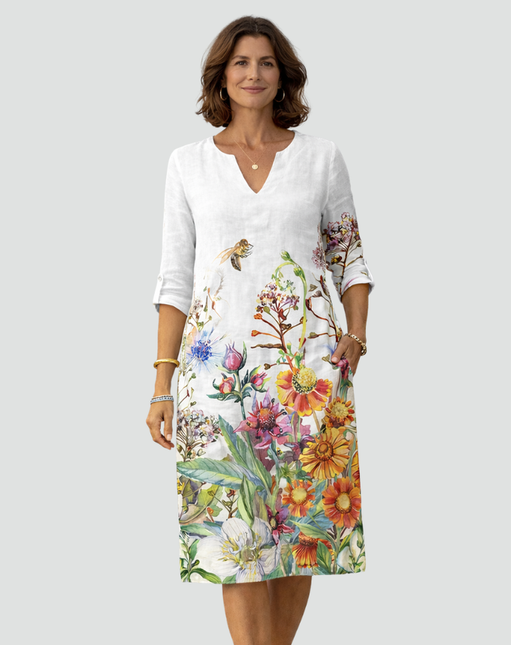 Bloemenprint Mini Jurk Met V Hals En Driekwart Mouwen