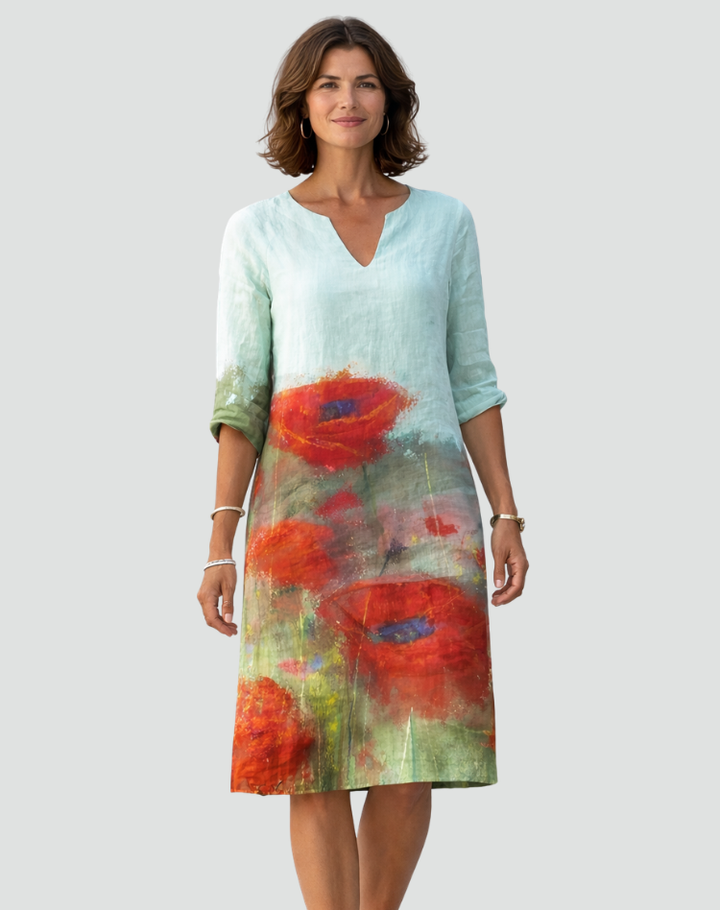 Bloemenprint Mini Jurk Met V Hals En Driekwart Mouwen