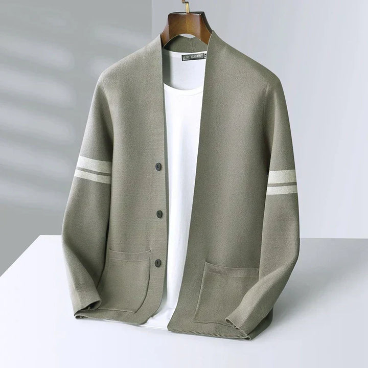 Klassieke Merino Heren Cardigan met Gestreepte Mouwen