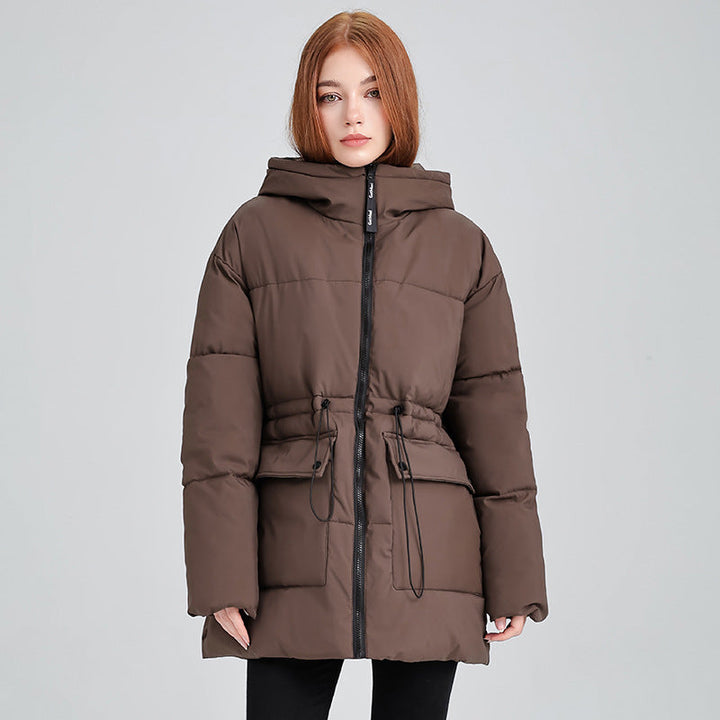 Dames middellange thermoparka met taillering tunnelkoord en capuchon