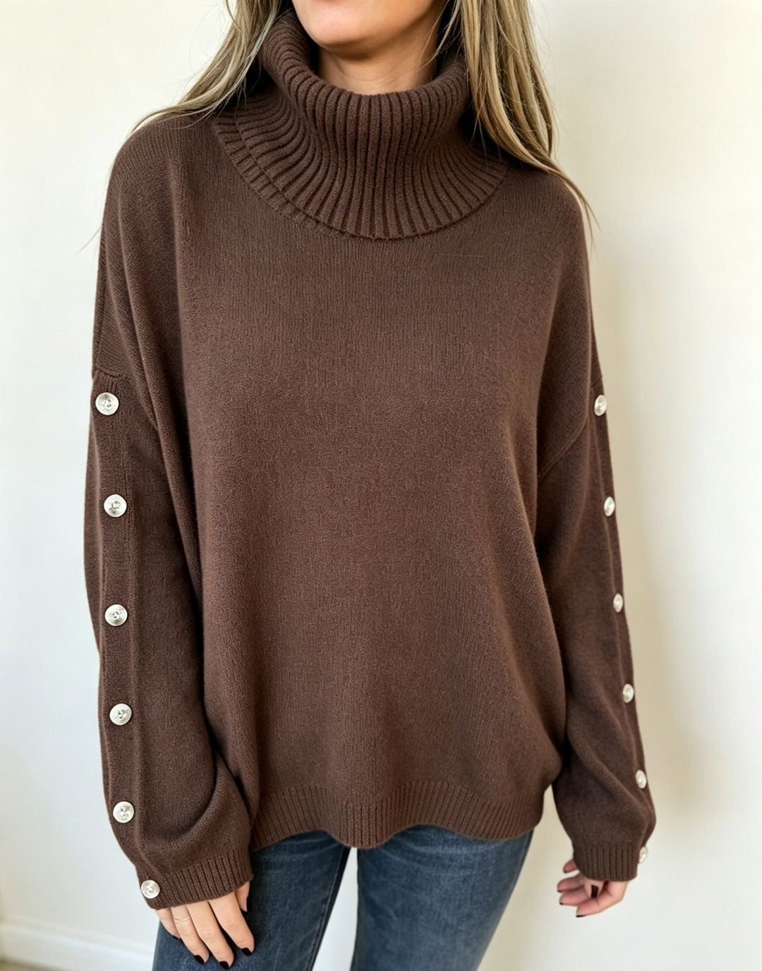 Mara | Dames Oversized lange mouwen-Turtleneck-Pullover met Knopen
