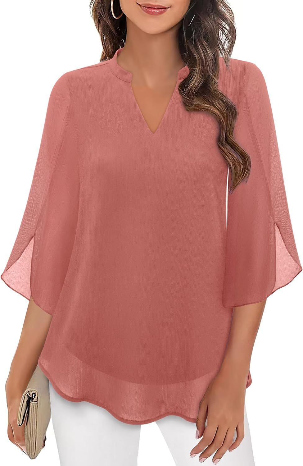Luchtige Losvallende Blouse Dames met Splitnek en Driekwartmouwen